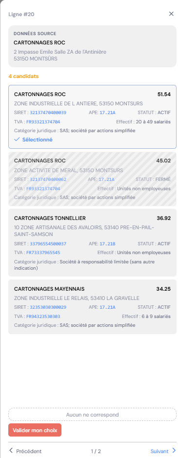 Portail Siretly de résolution des ambiguïtés : candidats SIRET, TVA, statut, score