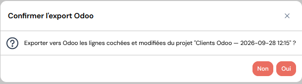 Confirmation de l'export Odoo des lignes cochées et modifiées