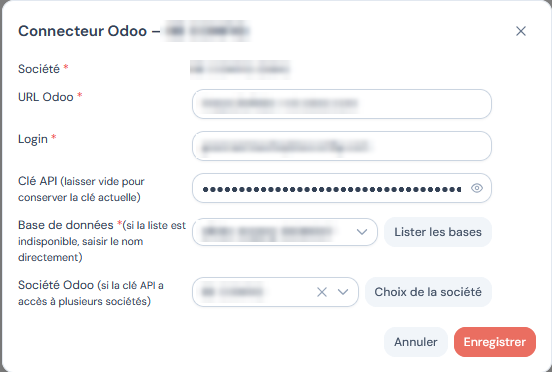 Paramétrage du connecteur Odoo dans Siretly : URL, login, clé API, base de données et société