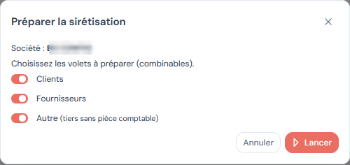 Préparer la sirétisation : choix des volets Clients, Fournisseurs et Autre