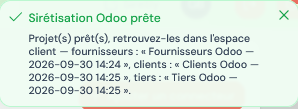 Notification Siretly : projets Fournisseurs Odoo, Clients Odoo et Tiers Odoo prêts